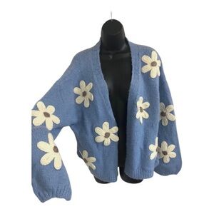 Blue chunky‎ knit white flower floral embroidered open front cardigan sweater